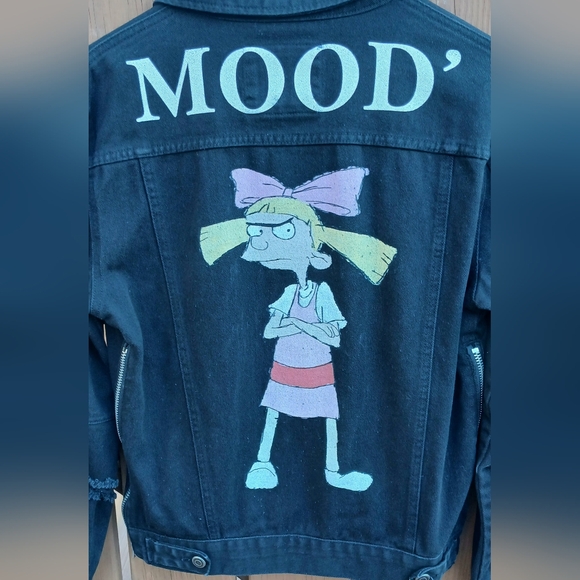 Mens Distressed Black Jean Jacket Hey Arnold Helga Character Graphic Back Size S - Picture 6 of 7